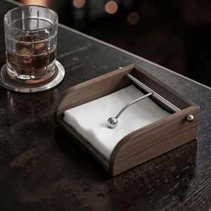 Tabletop napkin holder square box shape bamboo <b>wood</b> base steel rod <b>small</b> size modern dining <b>table</b> - Product Image 4