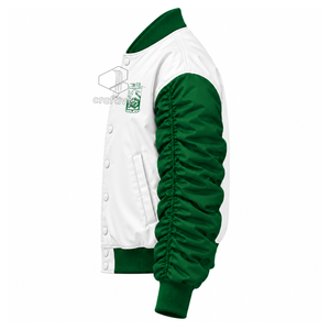 เสื้อแจ็คเก็ตวาร์ซิตี้ผ้าซาตินสีเขียวขาวสำหรับผู้หญิง ยี่ห้อ Iota Phi Lambda  ติดกระดุมแบบ Snap  แขนพองจับจีบ  ทรงบอมเบอร์สไตล์วิทยาลัย - Product Image 3