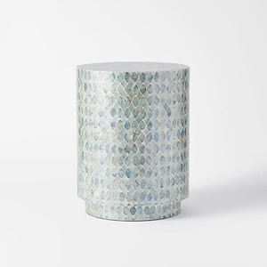 Blue Grey Quatrefoil Cylinder <b>Stools</b> Mother of Pearl Handcrafted Mosaic Small Side <b>Table</b> For Living Room Bedroom Decor Use - Product Image 1