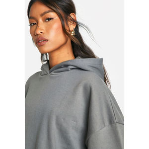 Sudadera con Capucha Extra Grande para Mujer, Color Gris Sólido, Hombros Caídos, Manga Larga, Felpa de Algodón, Ropa de Otoño - Product Image 4