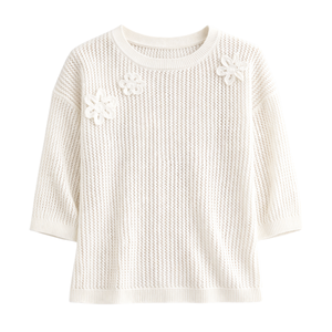 เสื้อสเวตเตอร์ถักลายฉลุสำหรับผู้หญิง แขน 3/4 แต่งลายดอกไม้ คอกลม ใส่สบาย ระบายอากาศได้ดี ทรงหลวม แฟชั่นฤดูร้อน - Product Image 1