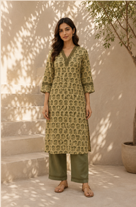 Kurti vert olive à imprimé floral pour femme, col en V, manches trois quarts, coupe droite, tunique ethnique, décontractée, confortable, à porter au quotidien - Product Image 6