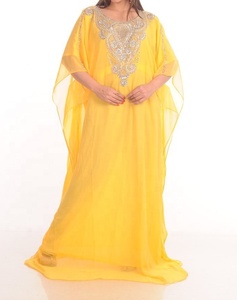 Jaune artisanal Zari travail cousu Georgette caftan robe de soirée femmes soirée robe à manches longues - Product Image 1