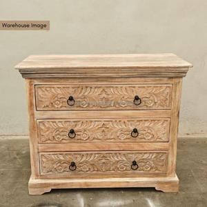Commode en bois moderne Tiva avec 3 tiroirs, finition blanche vieillie, design élégant pour usage hôtelier, bois de manguier - Product Image 6