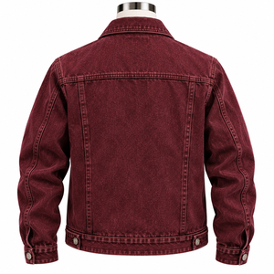 Veste en jean bordeaux pour homme OARH_INT INDUSTRY, coupe classique, fermeture éclair, broderie, couleur unie, style décontracté, pour l'automne - Product Image 4