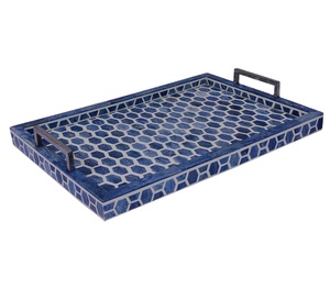 Plateau de service rectangulaire décoratif de luxe, fait main, bleu, avec incrustation de os en forme d'hexagone, élégant et moderne, pour table basse - Product Image 1