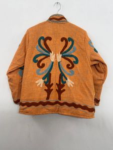 Chaqueta de Invierno Gruesa para Mujer, Estilo Bohemio Suzani, de Algodón Naranja, Bordada, Resistente al Viento, con Cuello Mandarín y Estampado Floral - Product Image 5
