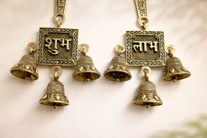 Brass Shubh Labh Wall Hanging Bells | Handmade Brass Door Hanging | Traditional Indian Home Decor for Diwali Living Room - Product Image 2