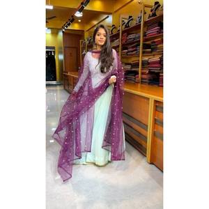 Attractive Georgette Plain Gown with Embroidery Work Dupatta in Sky - Product Image 1