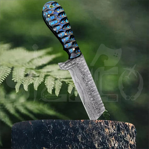 Cuchillo de caza y camping de hoja fija de acero de Damasco hecho a mano, estilo vaquero personalizado, con funda de cuero. - Product Image 5