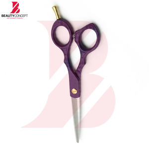 Ciseaux de barbier professionnels en acier inoxydable avec manche en plastique texturé violet et vis de tension dorée - Product Image 2