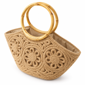 Sac à main carré en jute personnalisable et écologique avec motif en lettres en relief et poignées en anneau de bambou pour femme, usage quotidien, vente en gros - Product Image 4