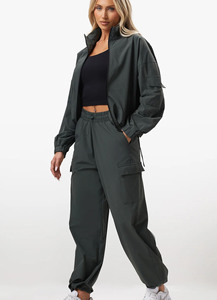 Pantalones Cargo Verde Oscuro para Mujer, Cintura Alta, Cordón Ajustable, Corte Regular, Largos, Color Sólido, Poliéster, Estilo Casual de Verano - Product Image 4