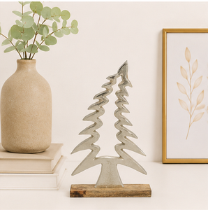 Handmade Modern Metal Aluminum Christmas <b>Tree</b> Sculpture With Rustic Mango Wood Base For <b>Tabletop</b> Holiday Decoration And Festive - Product Image 6