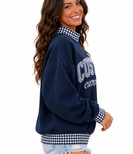 Sudadera de cuello alto para mujer al por mayor, personalizada, con apliques de letras, a cuadros, con bloques de color, estilo oversize vintage - Product Image 6