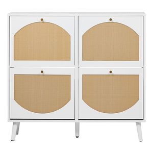 Scarpiera a 2 ripiani con 4 vani, alta, in rattan curvo, 105x24x98cm, in truciolato + rattan sintetico, struttura bianca - Product Image 2