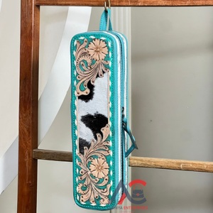 Étui à cosmétiques en cuir floral turquoise de qualité supérieure, style vintage, en cuir de vachette, pour fer à friser et lisseur - Product Image 1