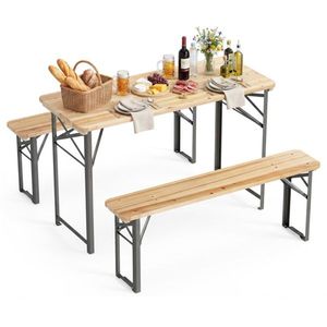 47\" Solid Fir Wood Outdoor Dining Set with 2 <b>Foldable</b> Benches Sturdy Metal Frame Picnic <b>Table</b> for Patio <b>Garden</b> or Backyard - Product Image 2