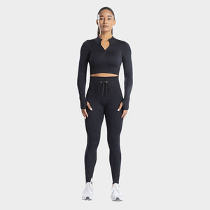 Conjunto de yoga acanalado para mujer: leggings de cintura alta y top corto con cremallera, 2 piezas, largo completo, gris liso, sin costuras, de elastano y poliéster. - Product Image 2