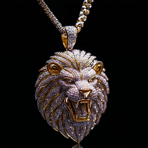 Briva Jewels BP-90 Collier Pendentif Tête de Lion Rugissant Sertie de Zircons Cubiques et Moissanite, Plaqué Or et Argent, Bijou Animalier Hip Hop pour Homme - Product Image 6