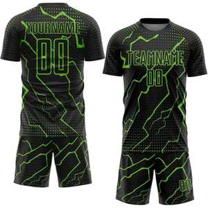 Conjunto de Uniforme de Fútbol Sublimado Personalizado, Negro, Verde, Azul, Patrón Geométrico, Absorbe la Humedad, Unisex, Adulto, Manga Corta, Cuello Redondo - Product Image 4