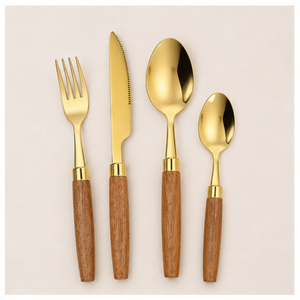 Ensemble de couverts en or avec manche en bois naturel, acier inoxydable poli miroir, pour la maison, les restaurants et la décoration de mariage - Product Image 3