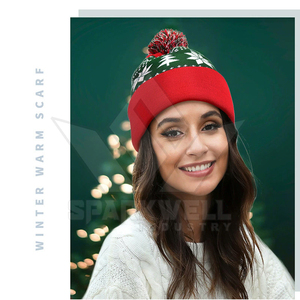 Bonnet en peluche de Noël rouge et vert avec pompon, motif brodé uni, tricoté à la main en acrylique, casquette décontractée d'hiver unisexe 54-56CM - Product Image 3