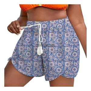 Nueva Tela de Algodón Estampada a Mano al por Mayor, Pantalones Cortos con Cintura Elástica y Cordón, para Verano, Playa, Dormir, Ropa Casual para Mujer - Product Image 2