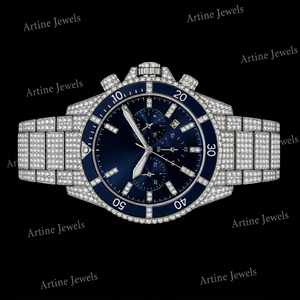 Montre chronographe de luxe avec cadran bleu serti de diamants CZ, en acier inoxydable, style hip-hop pour hommes - Product Image 3