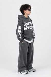 ONETEN APPAREL Kids Boys Spandex Winter Split Hem Front Logo Tracksuit Set <b>Hoodie</b> Sweatpants Letter Print Acid Wash Streetwear - Product Image 2