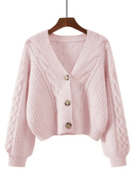 Damen Weiße V-Ausschnitt Strickjacke mit Langen Puffärmeln, Lässiger Einfarbiger Knopfverschluss-Pullover für den Herbst aus Polyester/Baumwolle