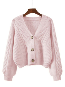Cárdigan de Punto Blanco con Cuello en V para Mujer, Manga Larga Abullonada, Color Sólido, Cierre de Botones, Suéter Informal para Otoño - Product Image 2