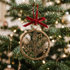 Custom Brass Round Cutout Pine Branch Christmas Ornament Hammered Metal Berry Frame Medallion <b>Red</b> <b>Velvet</b> <b>Ribbon</b> Wholesale - Product Image 1