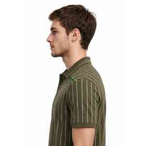 เสื้อโปโลลายทาง NEXTEX รุ่น Unisex สีเขียวมะกอก-เบจ แขนสั้น คอปกติดกระดุม คลาสสิก - Product Image 4