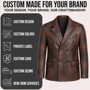 Blazer de Cuero Marrón Desgastado de Lujo para Hombre, Doble Botonadura, Solapa con Muescas, Chaqueta de Traje Retro para Negocios, Ajuste Premium a Medida, OEM - Product Image 6