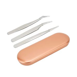 Juego de Pinzas para Pestañas de Acero Inoxidable de Precisión con Puntas Dentadas en Estuche Color Oro Rosa - Product Image 1