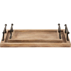 Plateau de service élégant en bois de manguier artisanal avec accents métalliques floraux, parfait comme plat décoratif pour la décoration intérieure et toutes les occasions. - Product Image 3