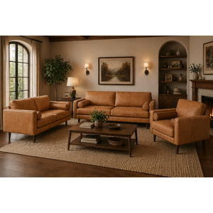 Juego de Sofás de Cuero Estilo Moderno de Mediados de Siglo, 3 Plazas, 2 Plazas, 1 Plaza, Muebles de Sala de Estar, Sofá Marrón Claro, Muebles de Sala de Estar - Product Image 1