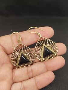 Gold Plated Brass Earrings with Black Onyx | Trendy Women's Wedding Statement | Jaipur Manufacturer - Product Image 2