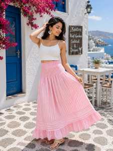 Stylish Pink Striped Bohemian 100% Cotton <b>Long</b> Maxi <b>Skirt</b> with White Crop Top Co-ord Set | Trendy Women <b>Summer</b> Resort Wear - Product Image 2