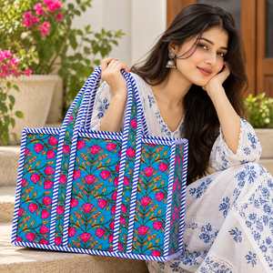 Floral Canvas <b>Tote</b> Bag <b>with</b> Candy Stripe Trim <b>Zipper</b> Closure Classic Style Large Capacity High Quality All Seasons Shopping Bag - Product Image 2