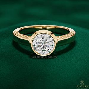 White Round Diamond Bezel <b>Set</b> Gold <b>Ring</b> for <b>Women</b> | Elegant Engagement Fine Jewelry - Product Image 1