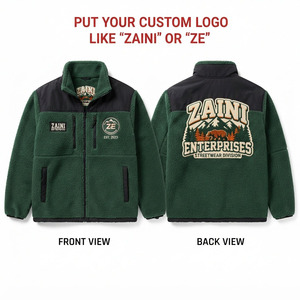 เสื้อแจ็คเก็ตขนแกะโพลาร์โพลีเอสเตอร์พรีเมียม Pr300 GSM สีเขียวป่า ดำตัดเย็บที่คอเสื้อ ซิปเต็มตัว ปักลายปักแบบกำหนดเองสำหรับผู้ชาย ด้านหน้า - Product Image 1