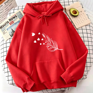 เสื้อฮู้ดผู้หญิงสีขาวพิมพ์ลายขนนกและหัวใจ ผ้าฝ้าย 100% ไซส์พลัส เสื้อสเวตเตอร์ลำลองสำหรับฤดูใบไม้ร่วง - Product Image 3