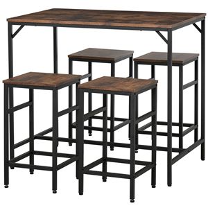 5 Piece Rustic Brown/Black Industrial <b>Bar</b> <b>Table</b> and 4 Stools Set Space Saving Dining Furniture for <b>Kitchen</b> and Pub - Product Image 1