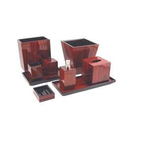 Ensemble de salle de bain en laque de qualité supérieure, design élégant en grain de bois foncé, ensemble de salle de bain en résine, distributeur de lotion, support décoratif - Product Image 1