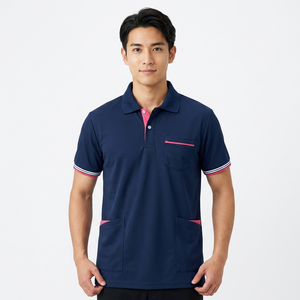 Polo à manches courtes bleu marine pour homme avec détails roses et poches, style décontracté tissé - Product Image 6