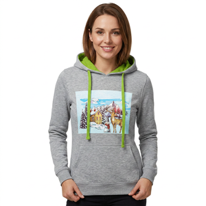Sudadera de invierno para mujer, gris verde, forrada, antiarrugas, con estampado serigrafiado de ciervos y nieve, mezcla de algodón, corte regular, frontal - Product Image 4