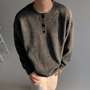 Cardigan en tricot gris pour homme, manches longues, fermeture boutonnée, laine épaisse et acrylique, couleur unie, vêtement décontracté d'automne - Product Image 1