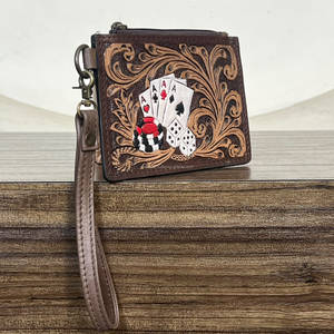 2026 New Hot Sale Hand Tooled Genuine Leather <b>Women</b> Western Zipper Pouch Small <b>Card</b> Holder Poker Design Slim Coin Storage <b>Wallet</b> - Product Image 3